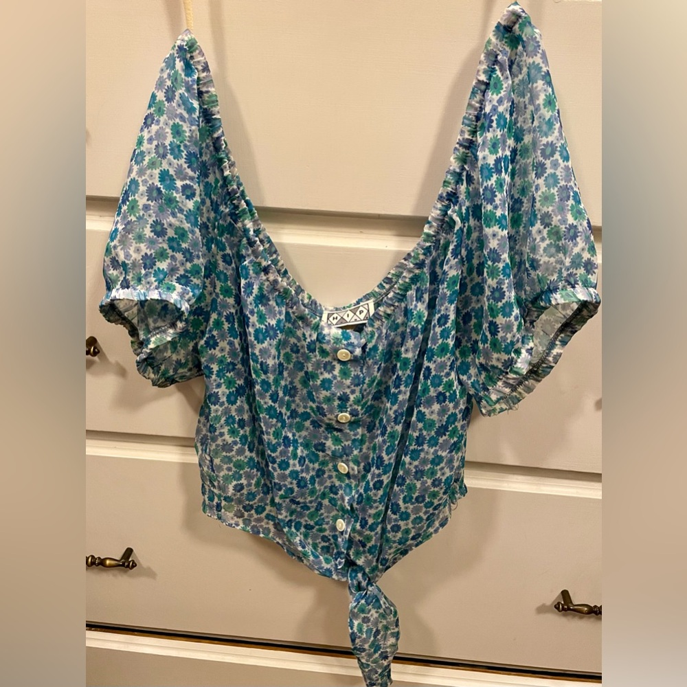 Vintage late 90’s Y2K sheer crop tie front button floral daisy print top large